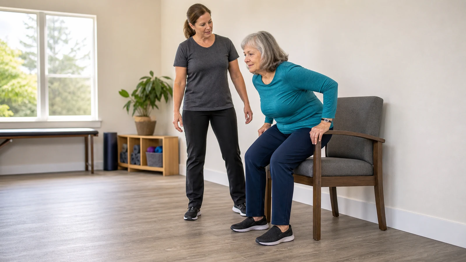 Older woman using a stable chair’s armrests while rising, with an exercise professional standing nearby.