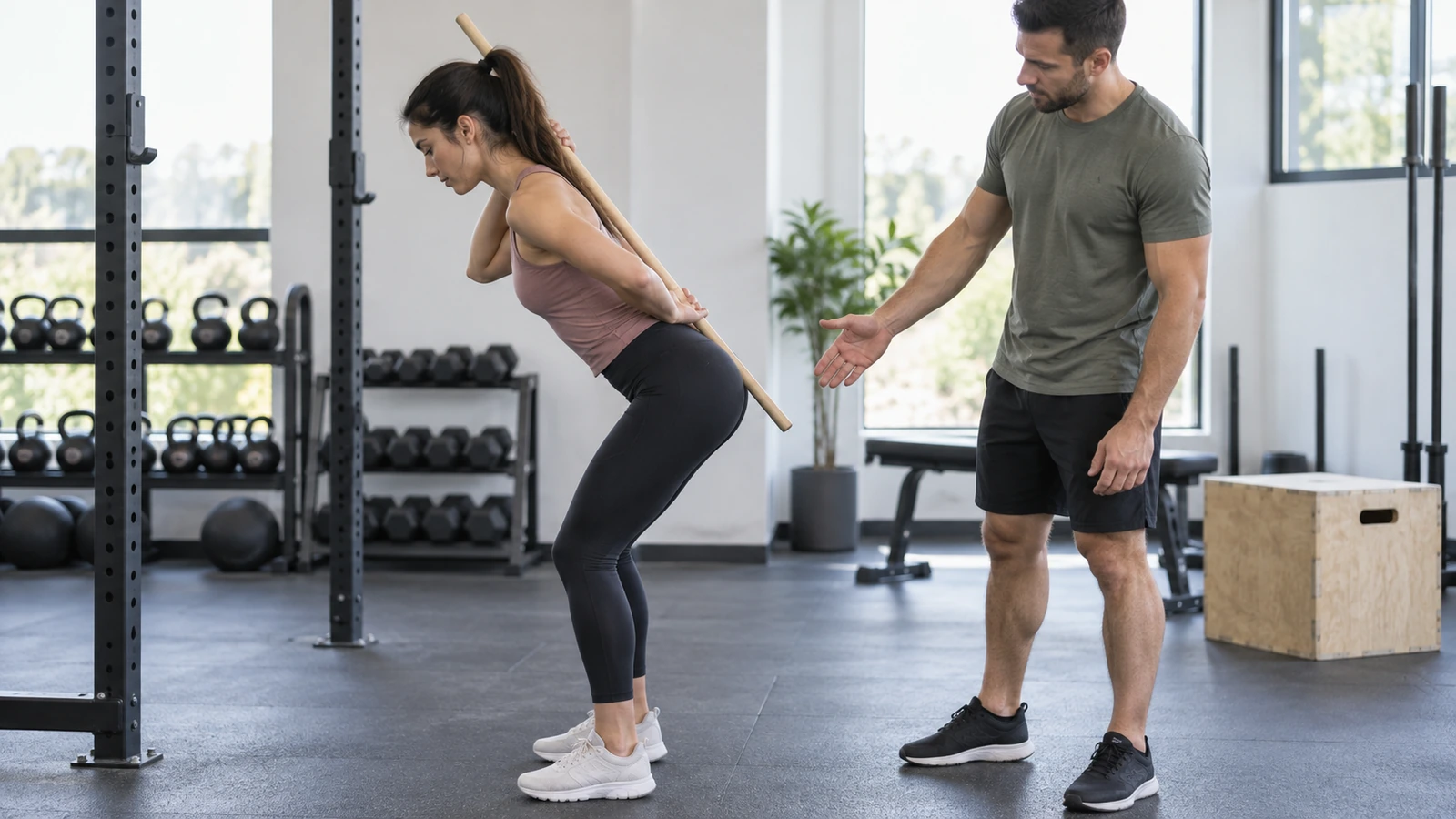 Generic trainee practices a hip hinge with a dowel while a coach cues hip position