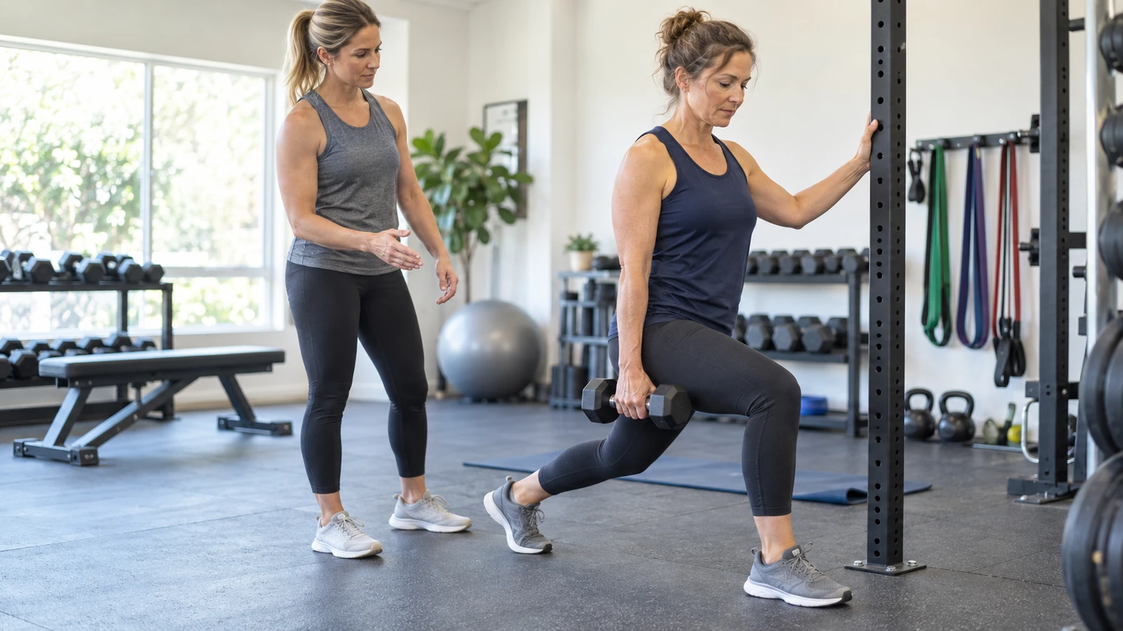 Generic woman performing a supported split squat with a dumbbell while a coach observes