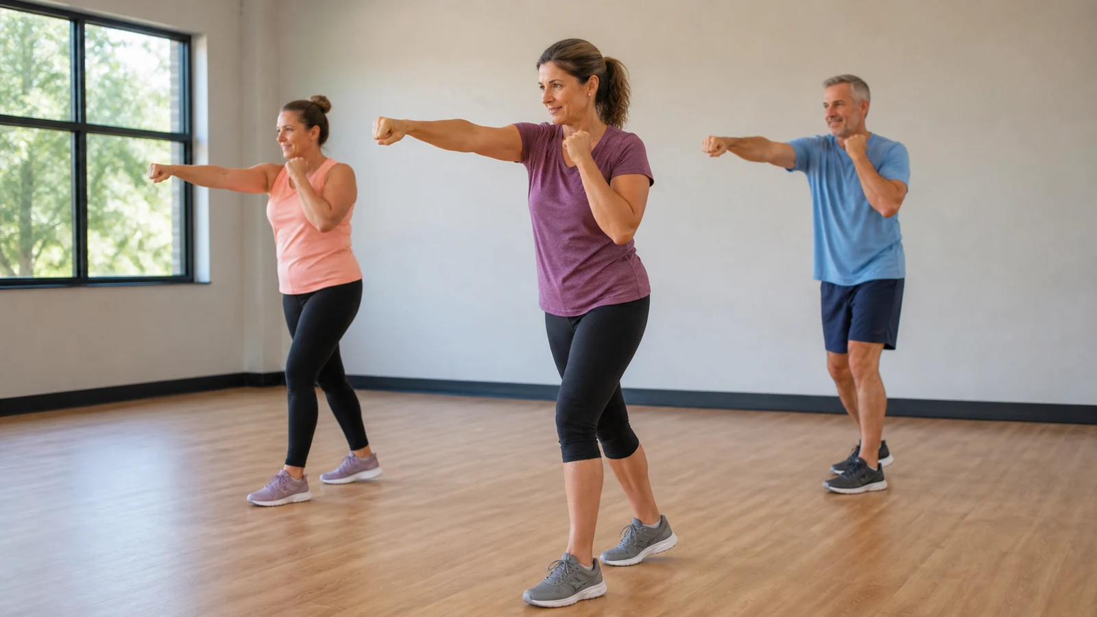 Adults practicing a controlled non-contact jab in a spacious beginner cardio kickboxing class.