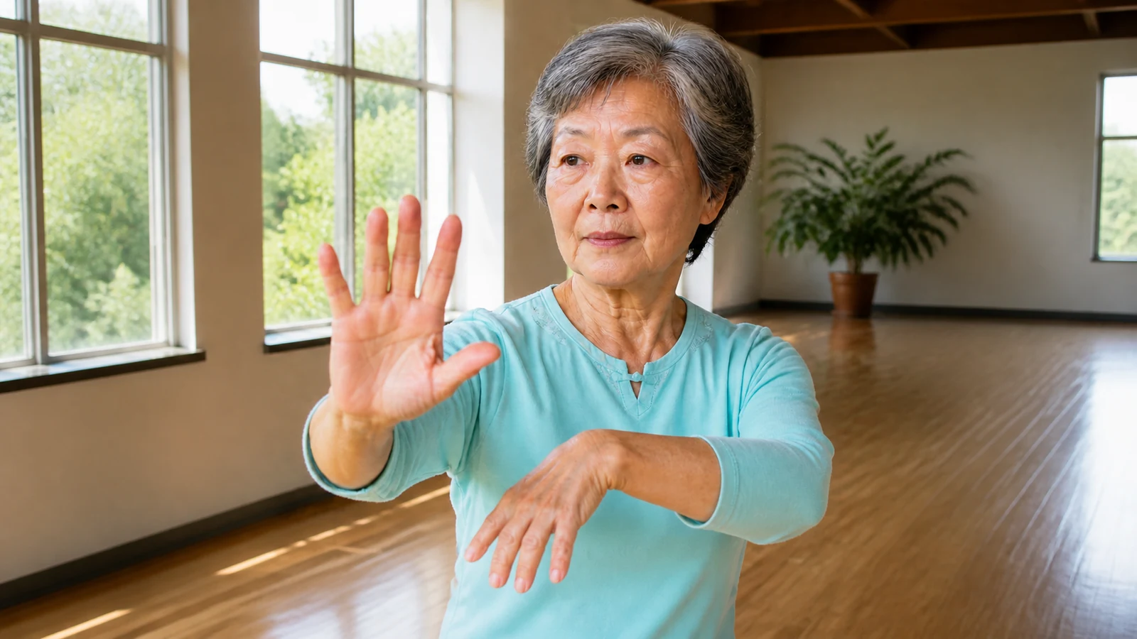 Older woman in an aqua top gently raising an open palm during a hand-movement routine.
