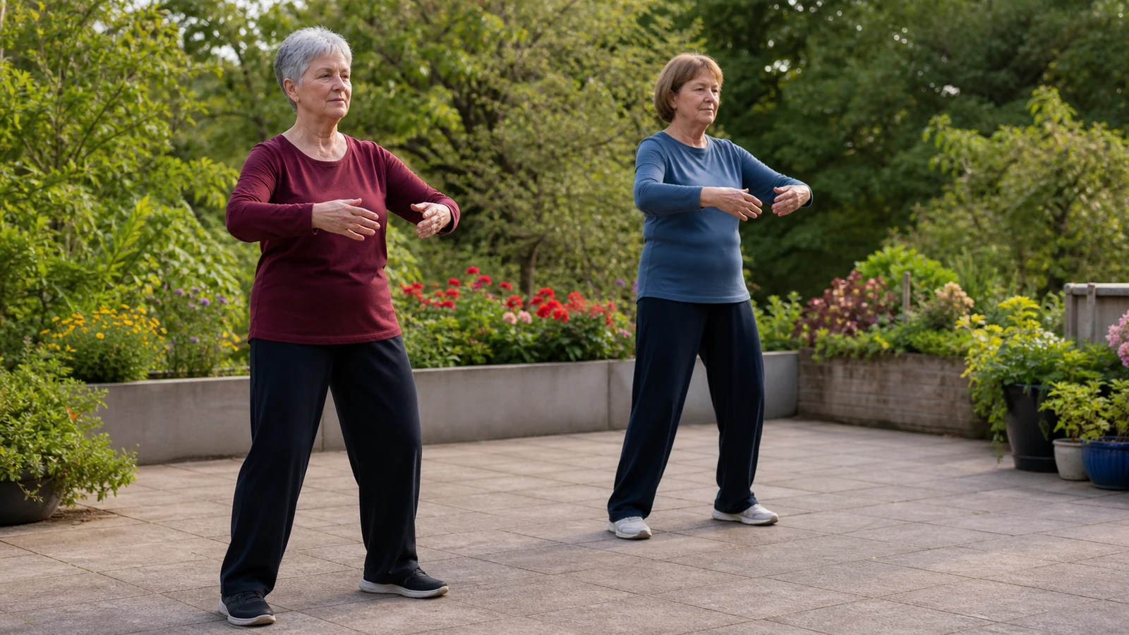 Two older adults practicing a slow, balanced standing tai chi movement on a level community terrace.