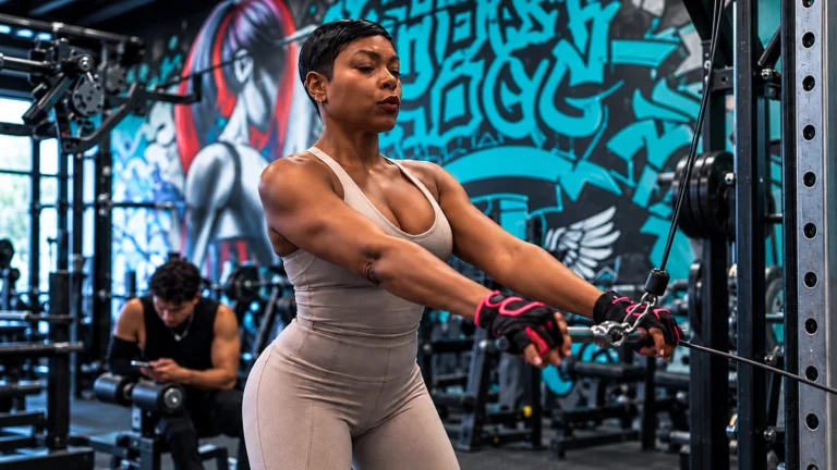 Editorial illustration of Taraji P. Henson performing a cable raise in a teal-accented gym