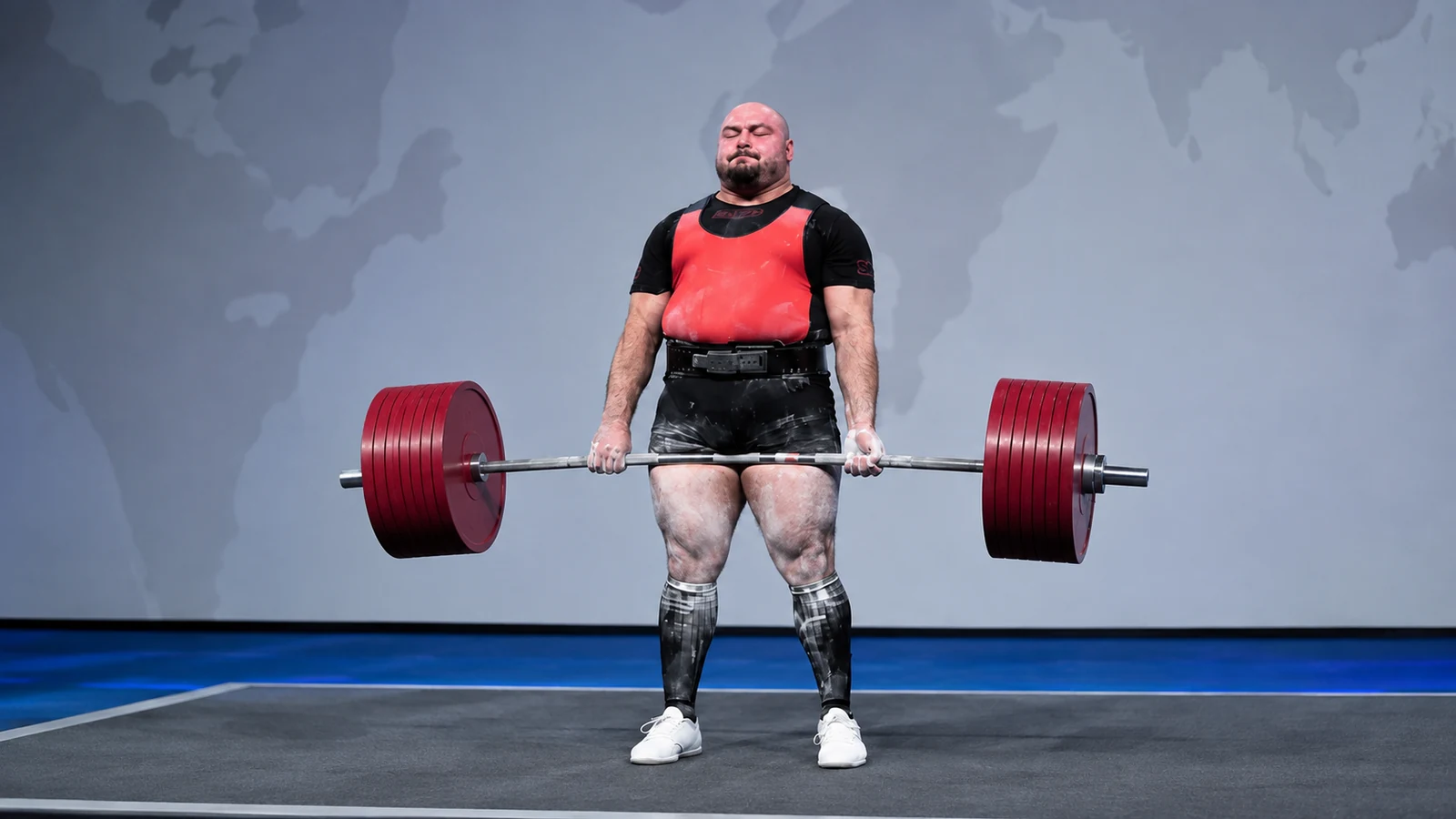 Editorial recreation of Temur Samkharadze locking out a heavy deadlift on an international platform.