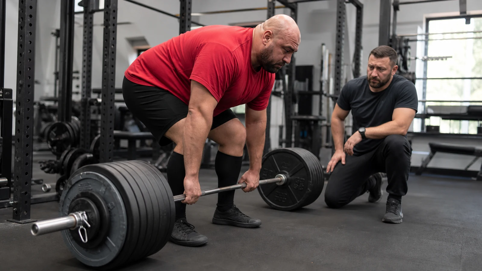A large male lifter braces for a controlled deadlift while a coach watches from the side.