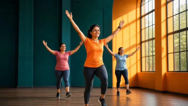 Woman in an orange shirt raising her arms during a group cardio session.
