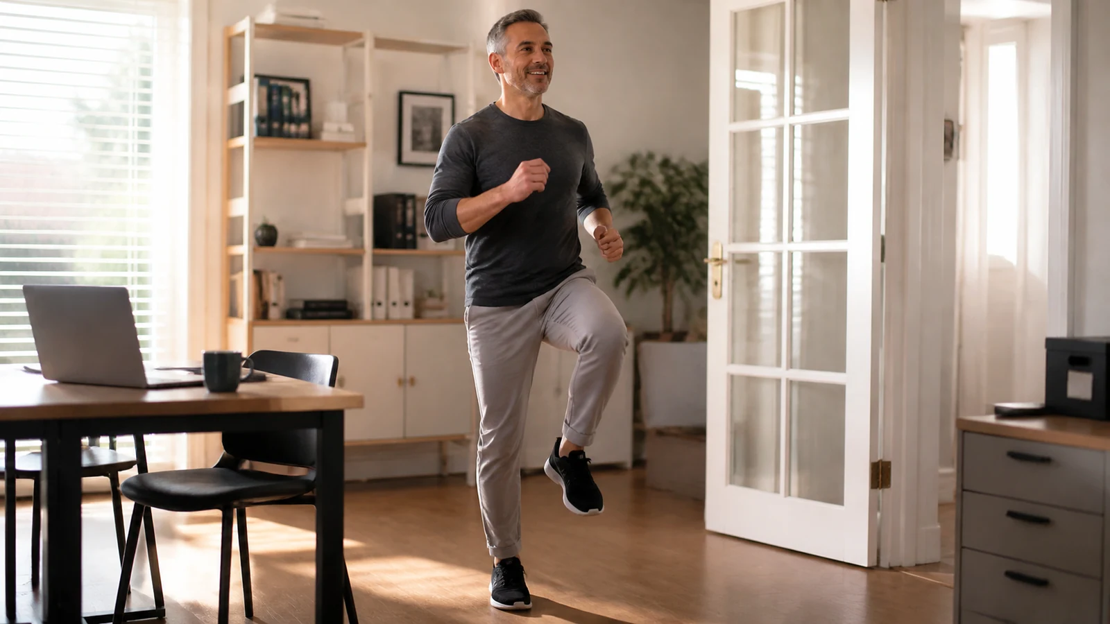 Adult taking a brief marching break beside a home-office desk.