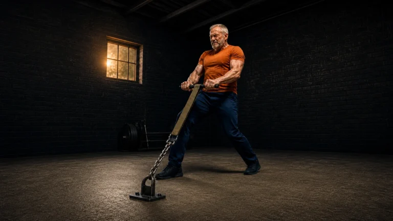 Man holding a strap-and-chain resistance handle secured to a floor anchor in a brick gym.