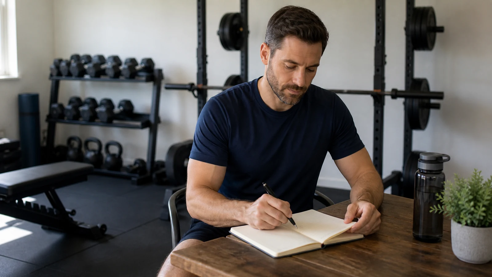 Illustrative man reviewing a training log after a session.