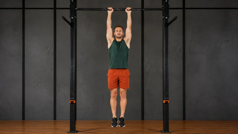 Man in a green top and orange shorts hanging from a fixed gym pull-up bar.