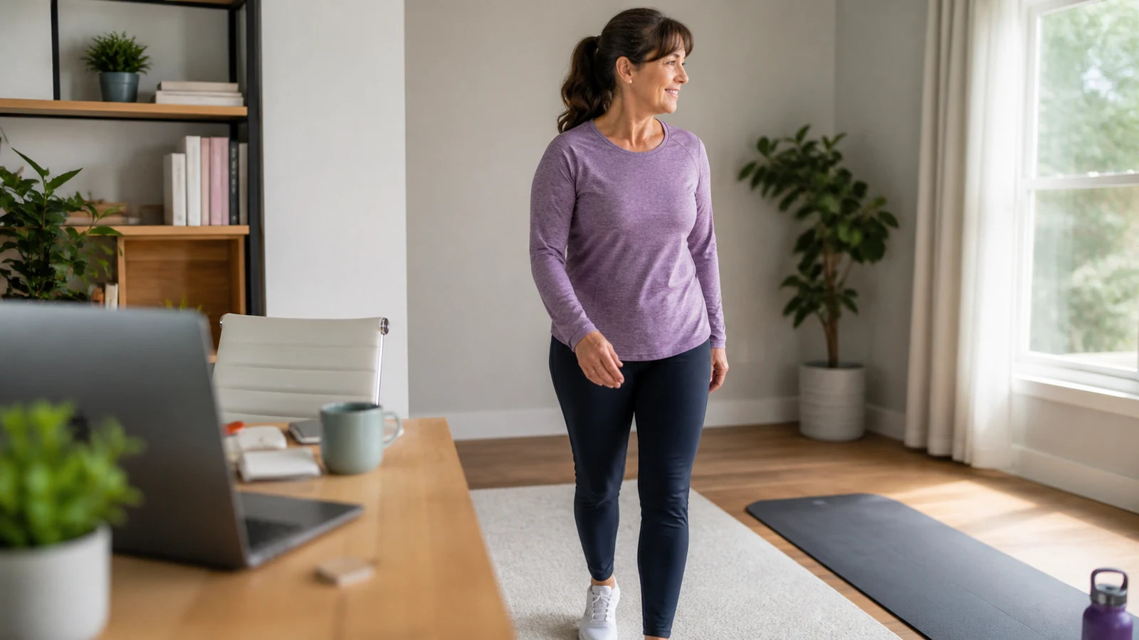 Woman leaving her home-office desk for a brief movement break beside an exercise mat.
