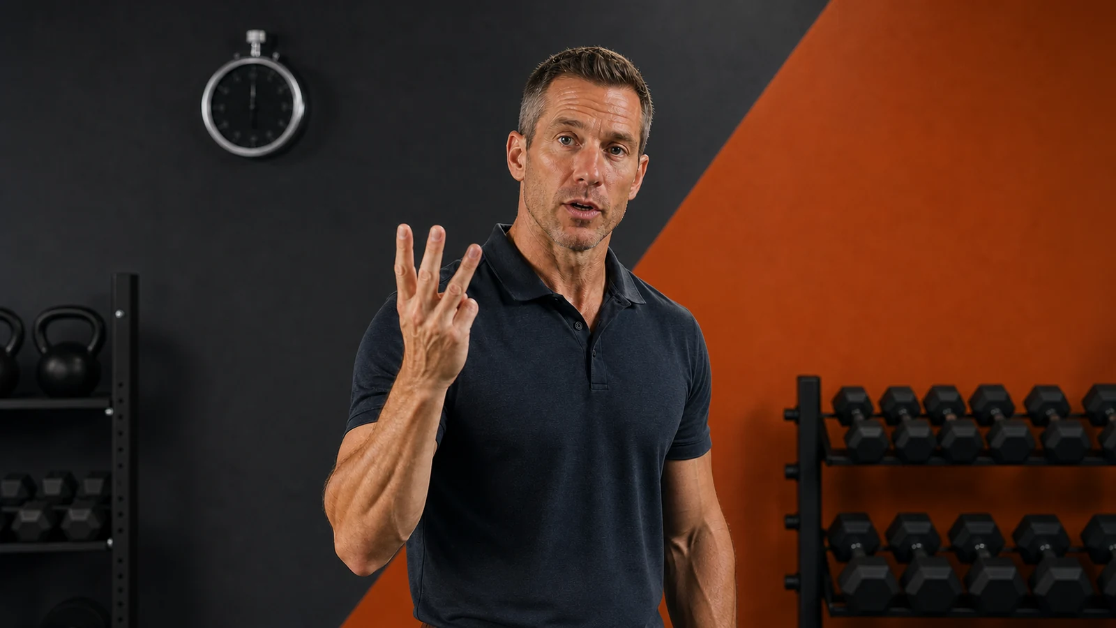Presenter in a charcoal polo holding up three fingers in a charcoal-and-orange studio.