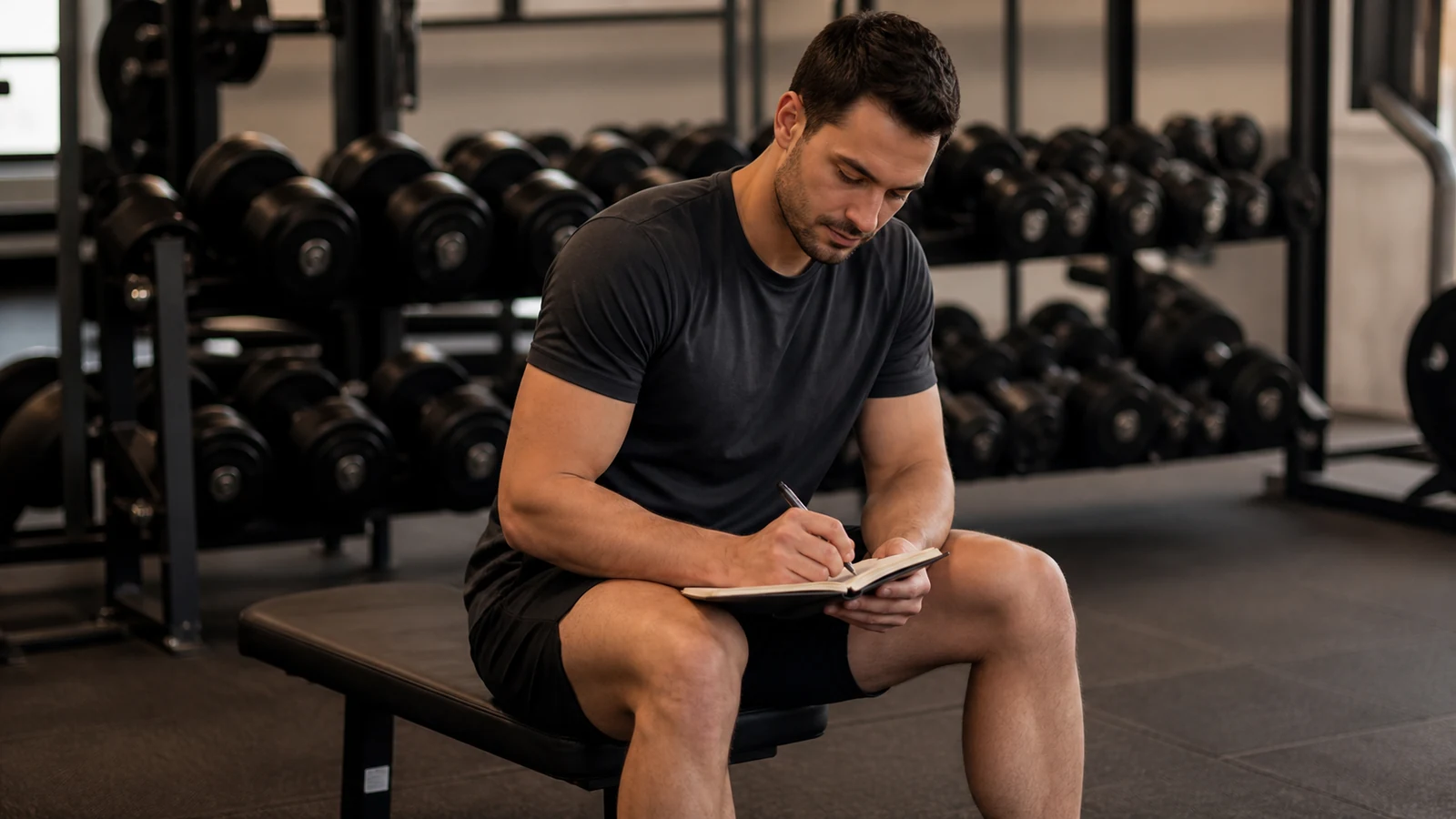 Adult recording a completed strength-training session in a notebook at the gym.