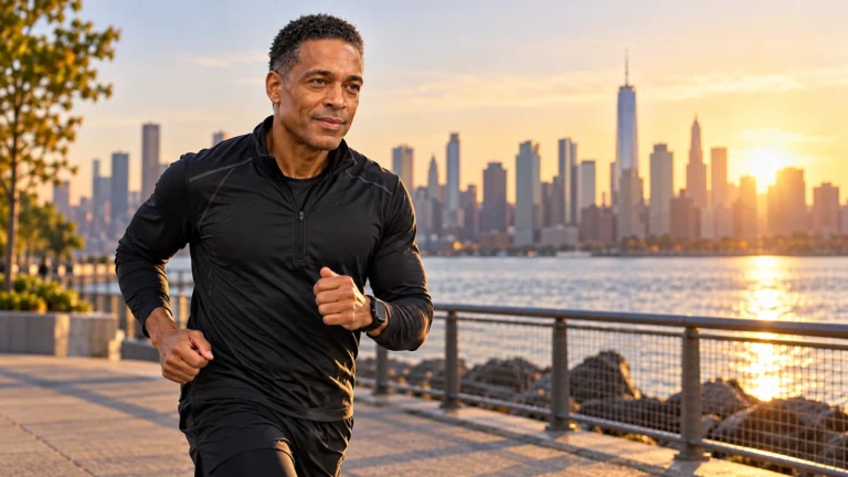 Editorial illustration of T.J. Holmes running by the New York City waterfront.