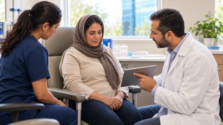 Patient discusses immunotherapy test results with an oncology clinician in a consultation room