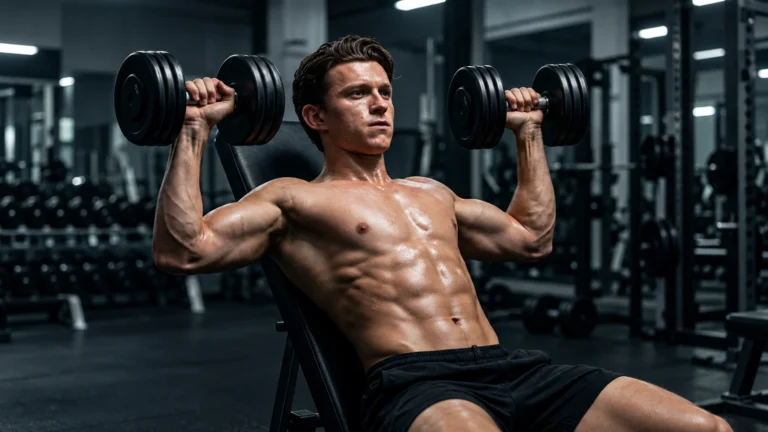 Editorial illustration of Tom Holland performing seated dumbbell shoulder presses in a gym