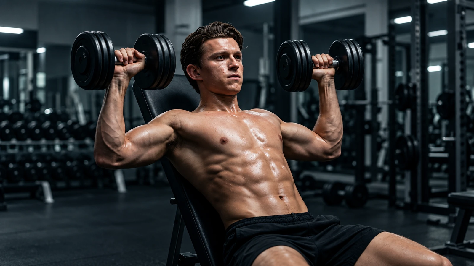 Editorial illustration of Tom Holland performing seated dumbbell shoulder presses in a gym