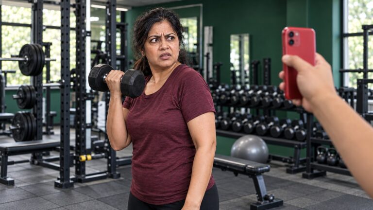 Editorial illustration of a woman in a burgundy shirt holding a dumbbell while looking toward a red phone in a gym.