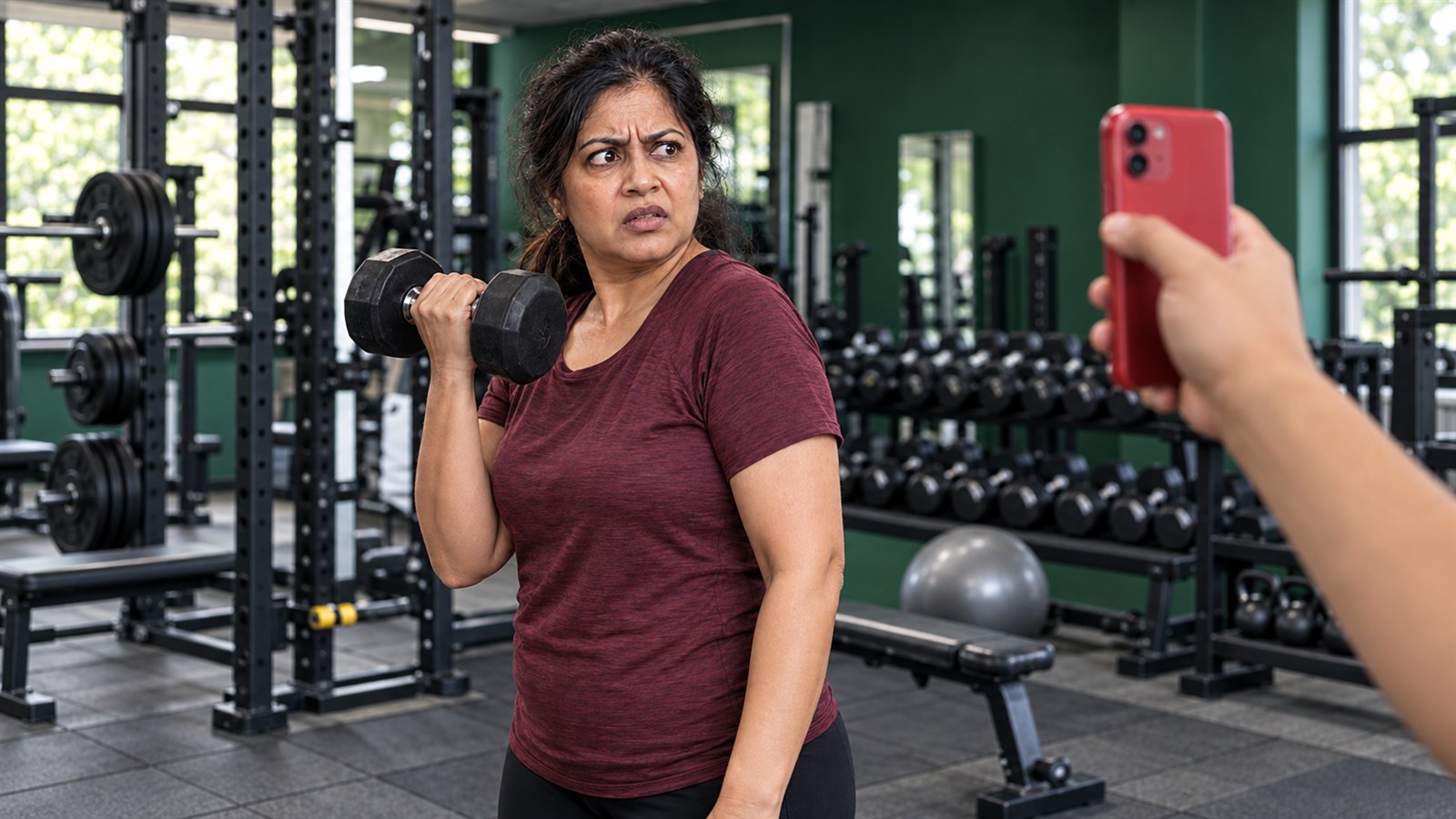 Editorial illustration of a woman in a burgundy shirt holding a dumbbell while looking toward a red phone in a gym.