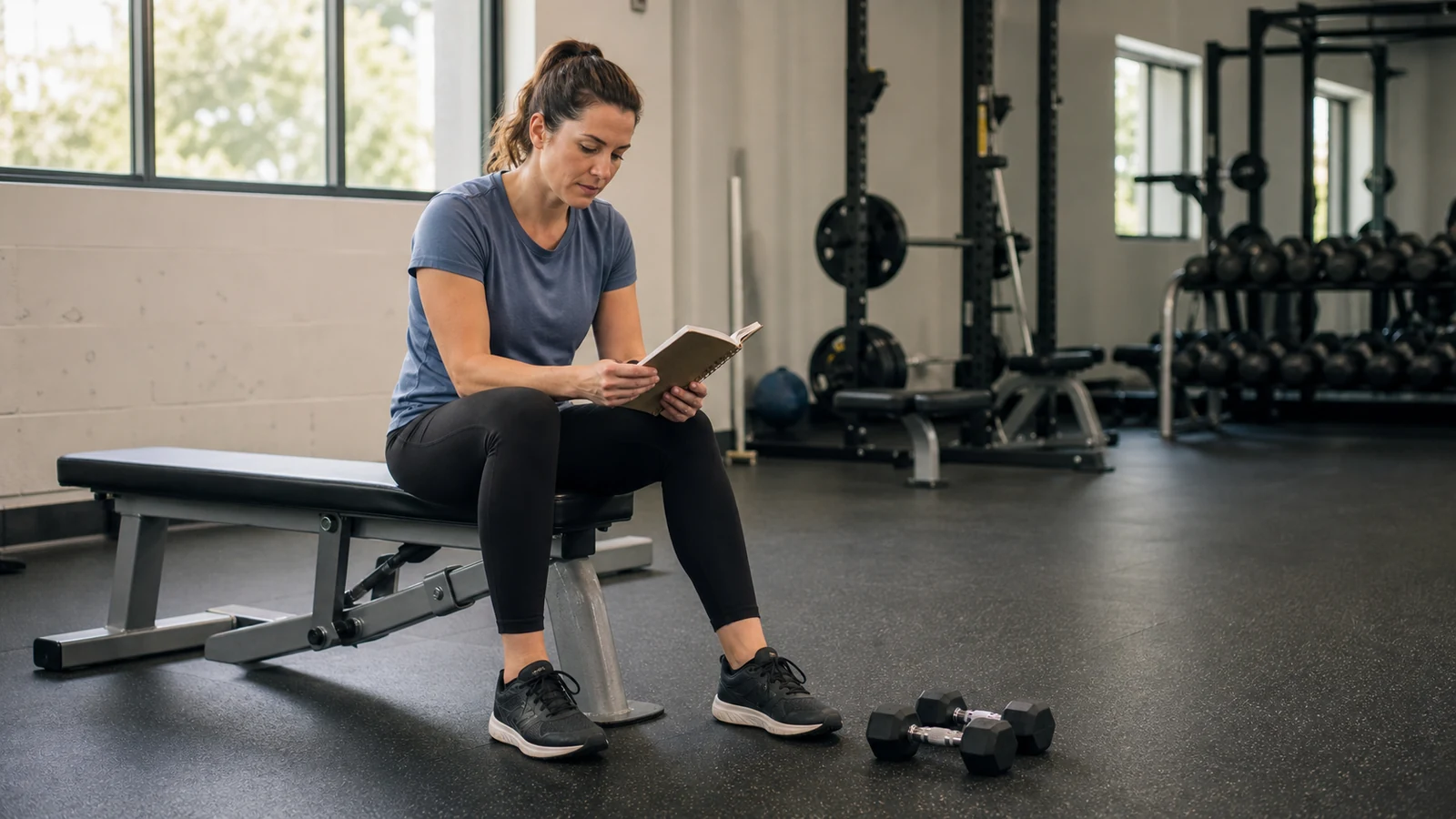 Adult lifter reviewing a training notebook while resting on a gym bench between sets.