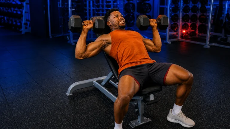 Facebook-derived illustration of a man holding dumbbells on an incline bench.