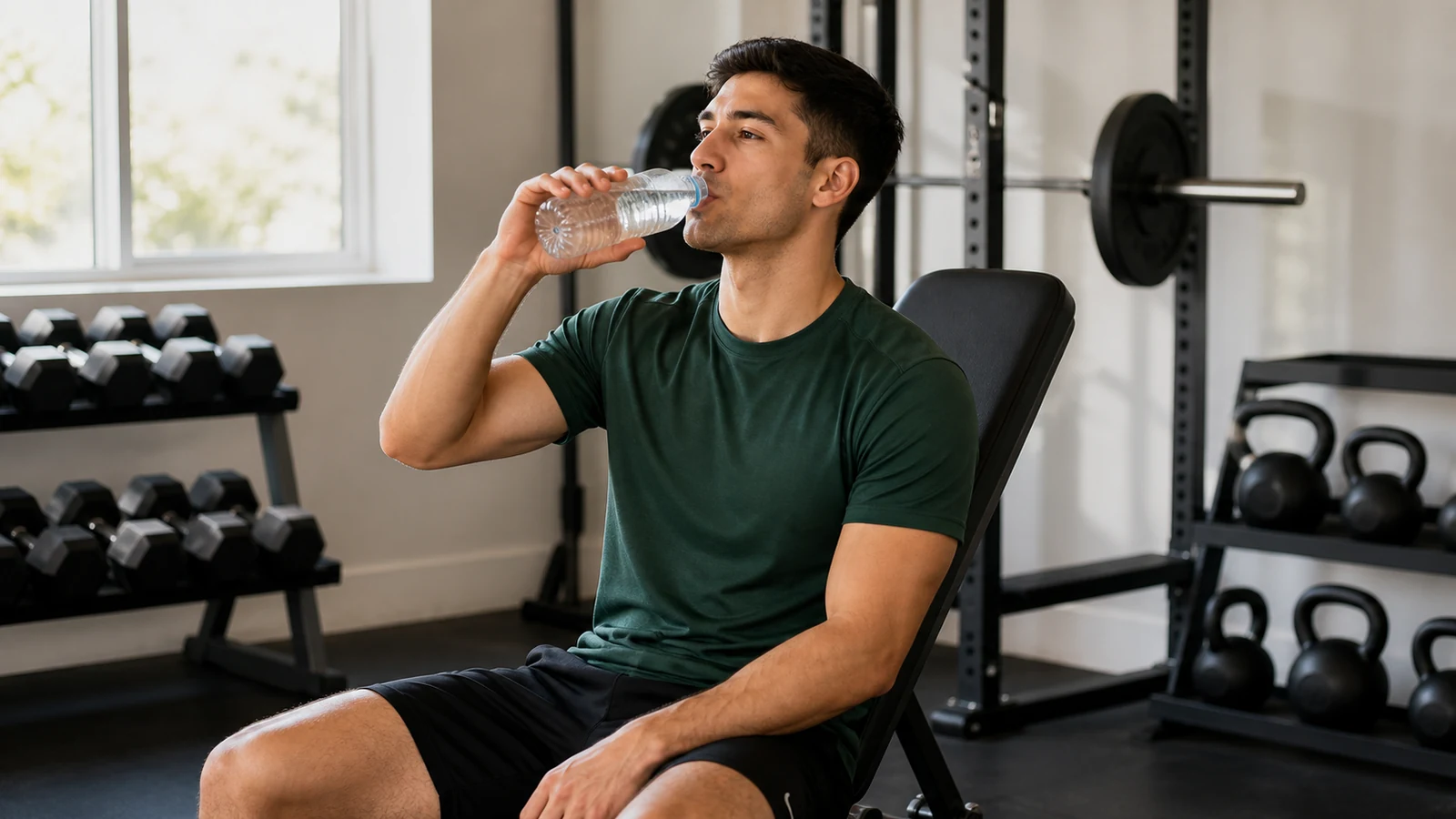 Illustrative man resting on a gym bench with a water bottle after training.