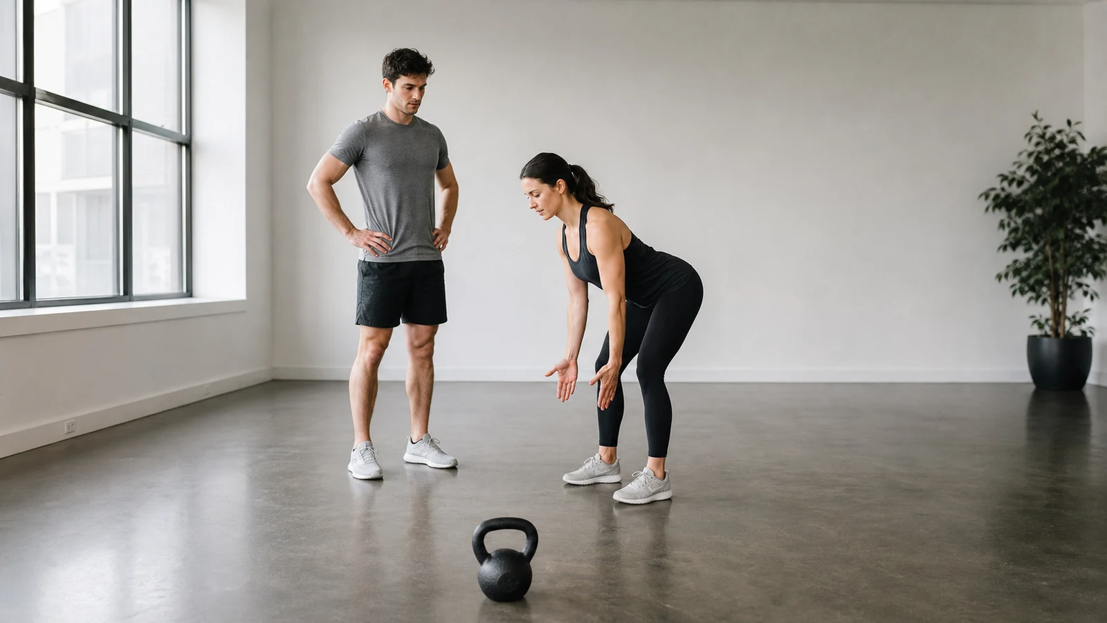 Adult practicing a hip-hinge setup with a coach while a kettlebell rests on the floor.