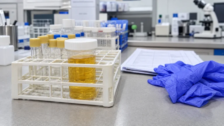 Urine sample in a laboratory rack beside blue gloves, prepared for cancer biomarker analysis