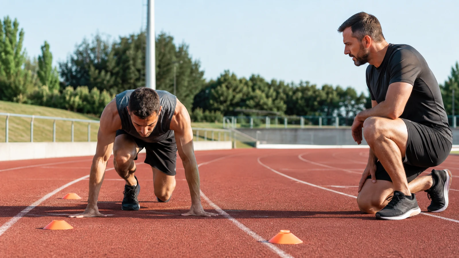 A recreational male athlete practices a three-point acceleration start while a coach watches