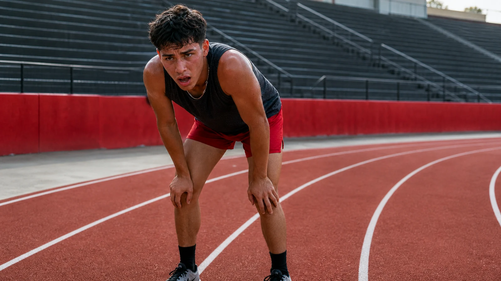 Young adult runner catching his breath with hands on his knees beside a running track.