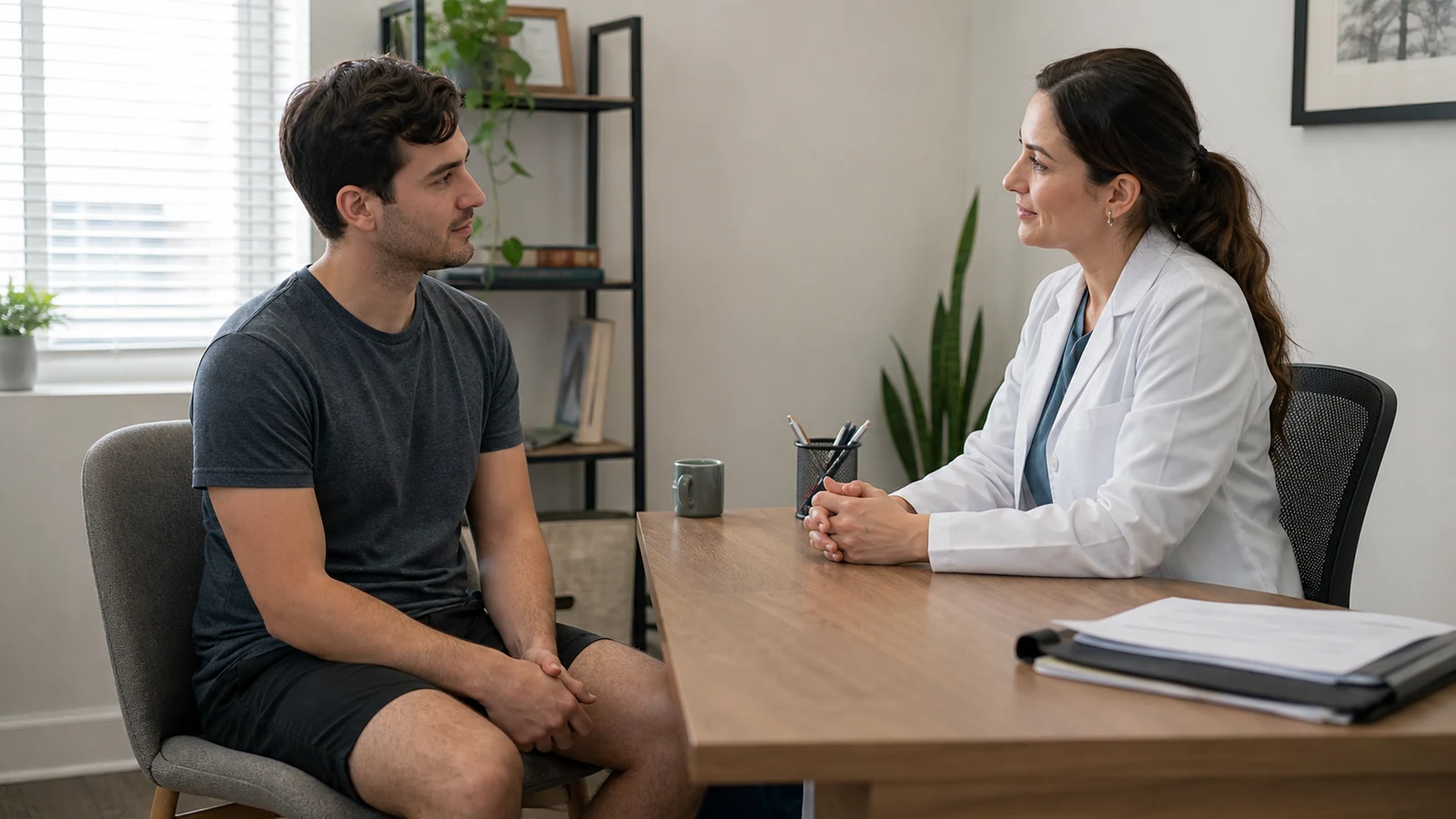 Young adult in athletic clothing discussing vaping cessation support with a clinician.