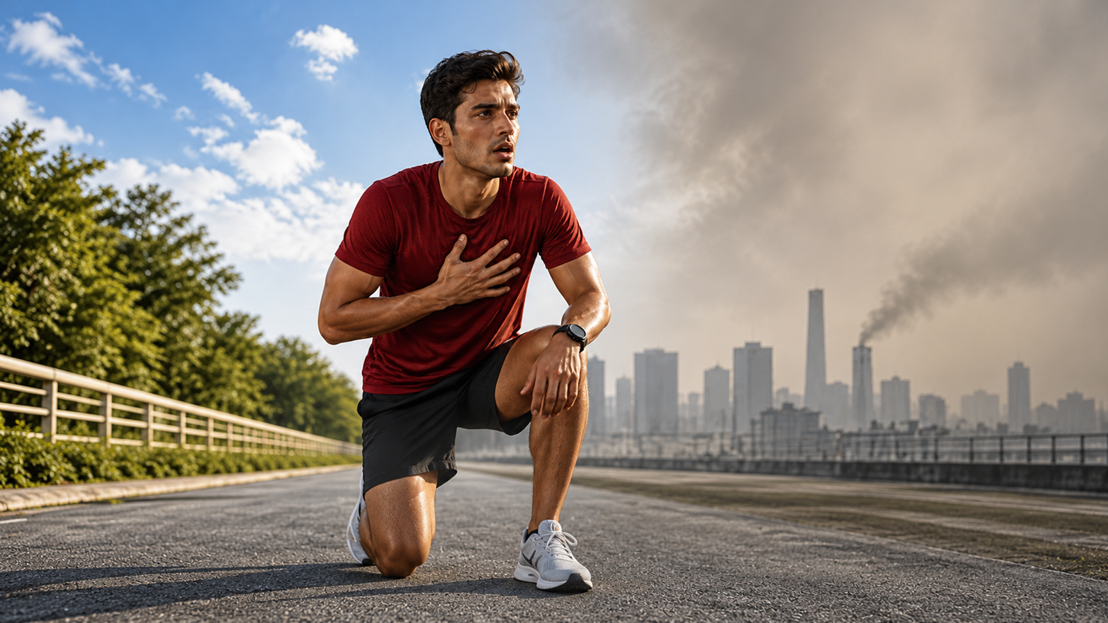Runner pauses on an outdoor path near a hazy city skyline, illustrating cardiorespiratory fitness.