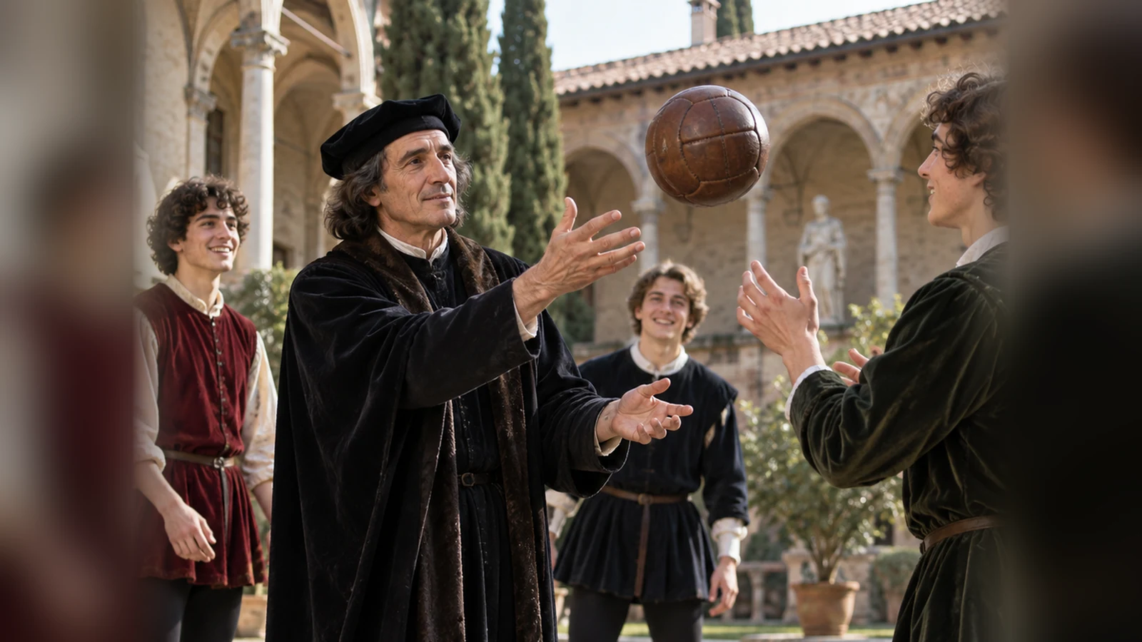 Illustrative Renaissance school scene with a teacher and pupils playing a ball game; not a historical photograph of Vittorino da Feltre.