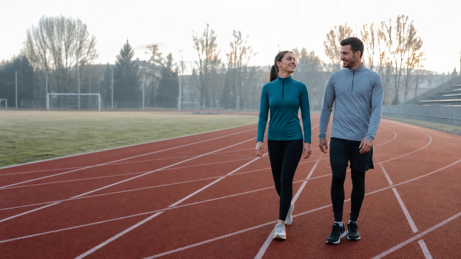 Two runners walking an easy cool-down lap together on a track.