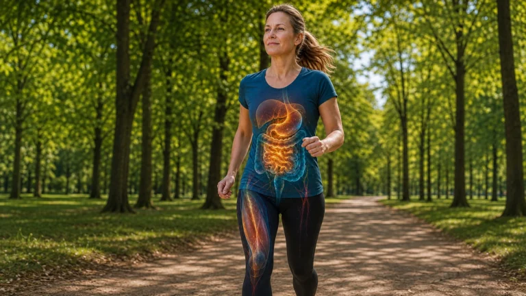 Woman walking through a park with an illustrated digestive-system overlay