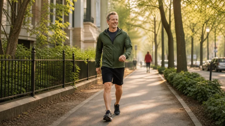 Man walking along a tree-lined neighborhood sidewalk.