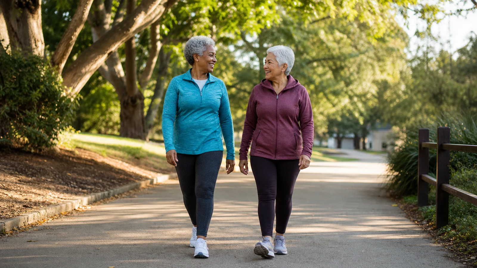 Two women walking and talking together on a level park path.
