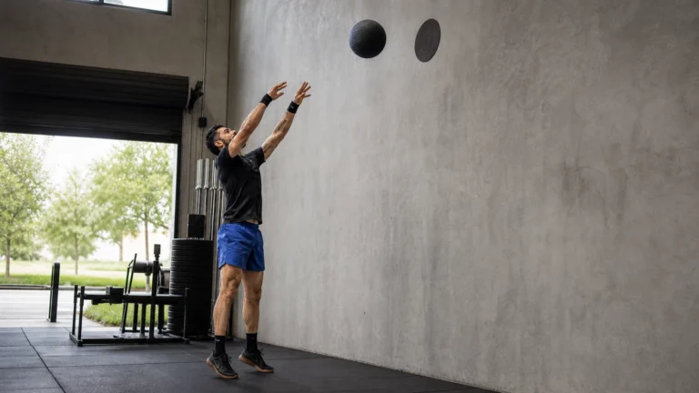 Man releasing a medicine ball toward a round wall target in a gym