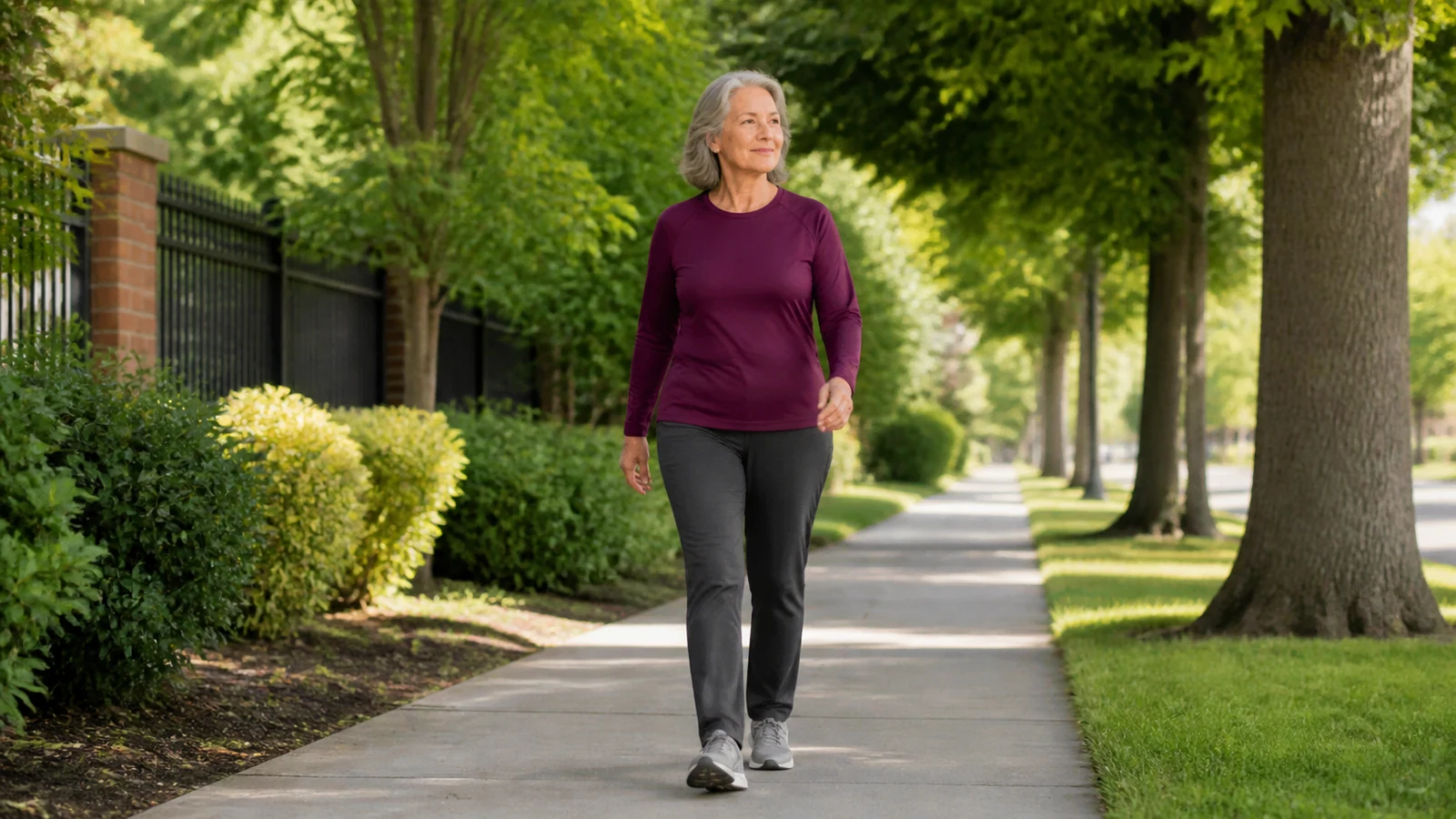 Illustrative older woman walking along a clear, level neighborhood path.