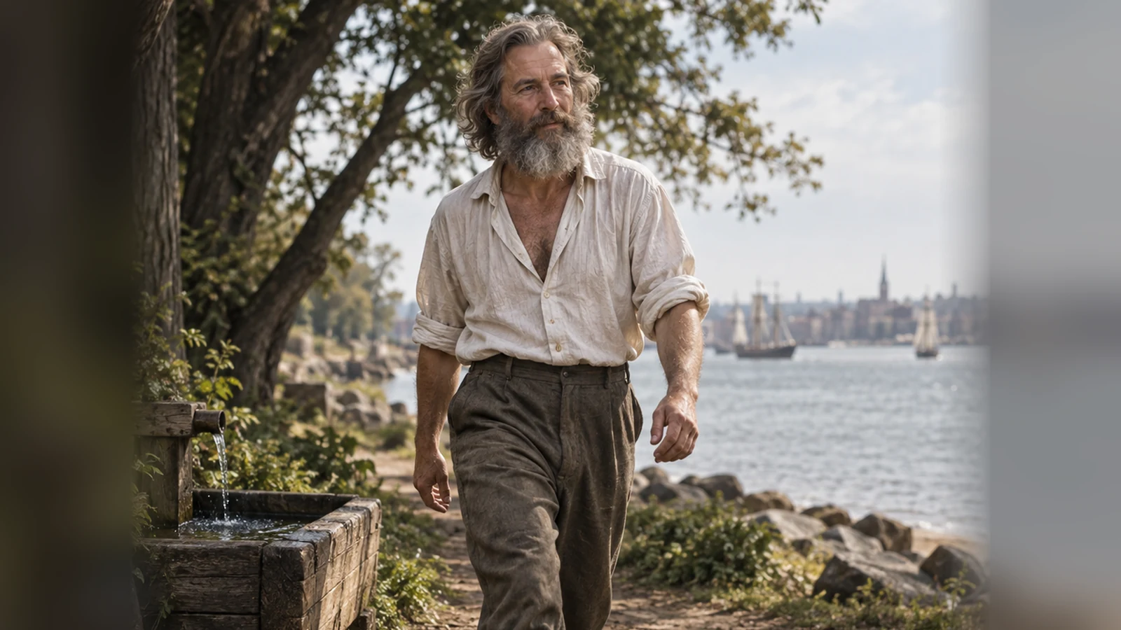 Illustrative depiction of a 19th-century bearded man walking beside water; not a historical photograph of Walt Whitman.
