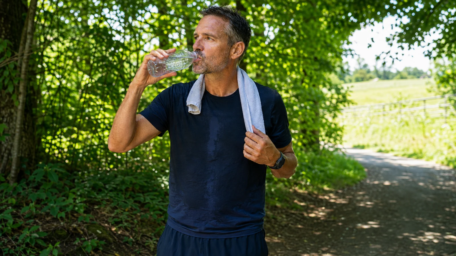 Runner drinking water in the shade during a warm-weather training session