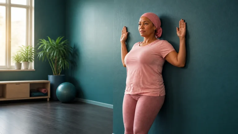 Woman in pink clothing holding a gentle bent-arm position against a teal wall