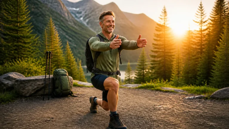 Hiker practices a controlled lunge before setting out on a mountain trail