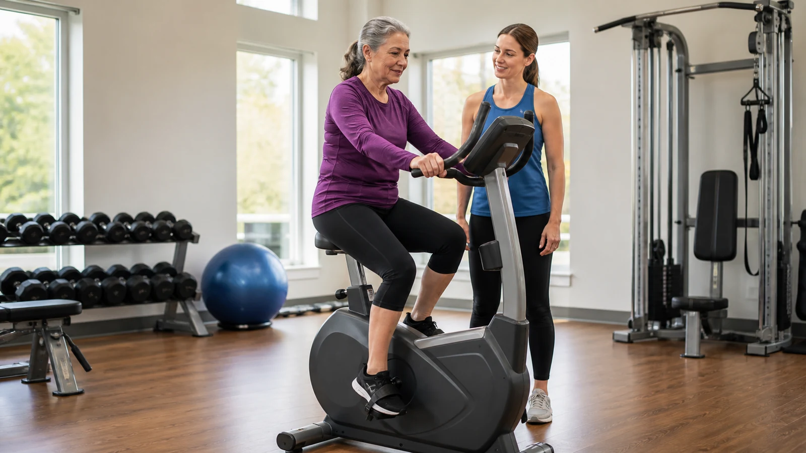 Older woman completing a stationary-bike workout while an exercise professional supervises