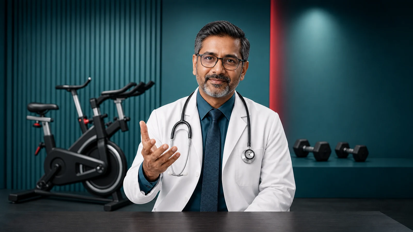 Man in a white coat and glasses gesturing in an exercise-room setting.