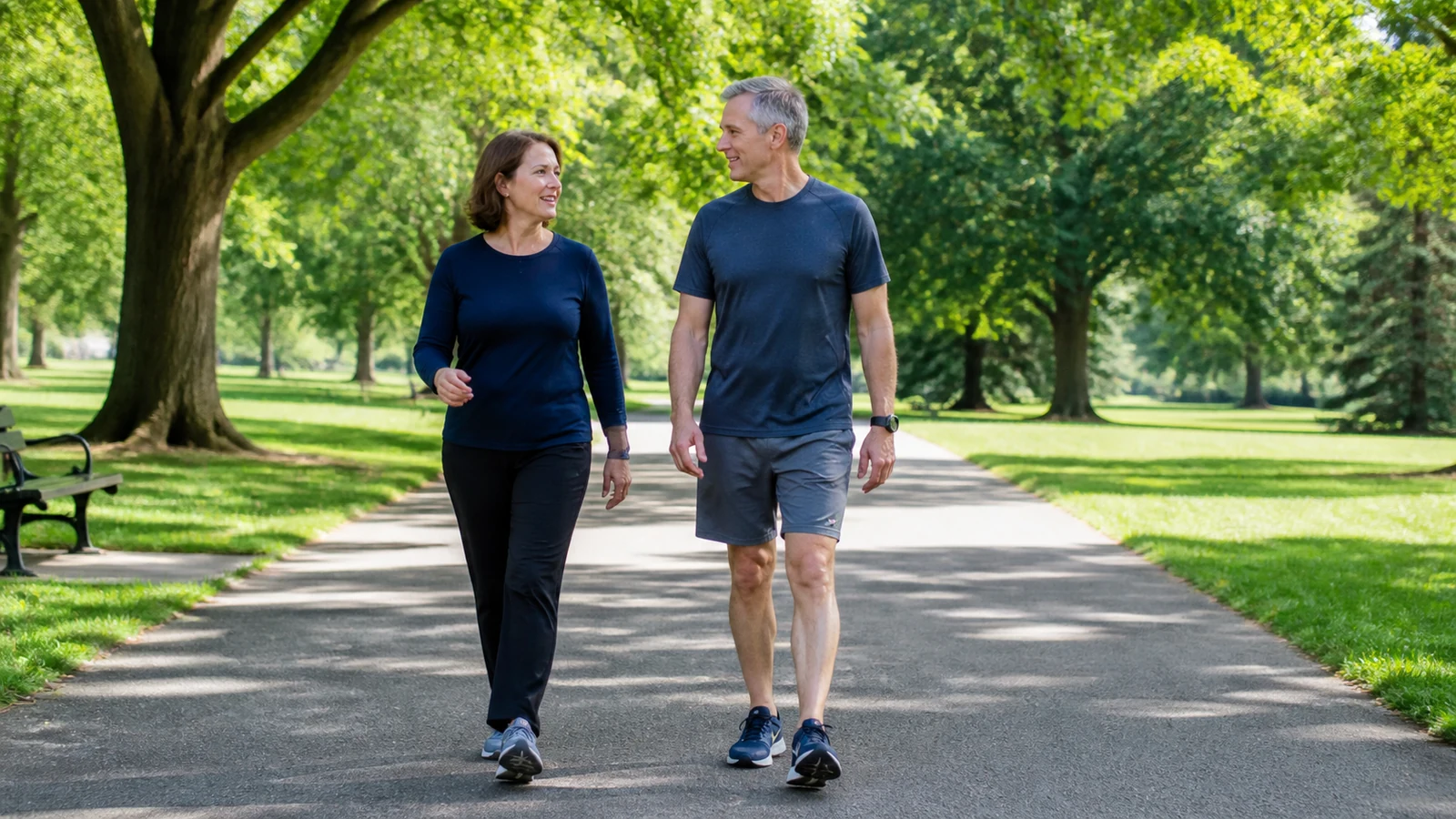 Two middle-aged adults walking together on a level park path at a conversational pace.