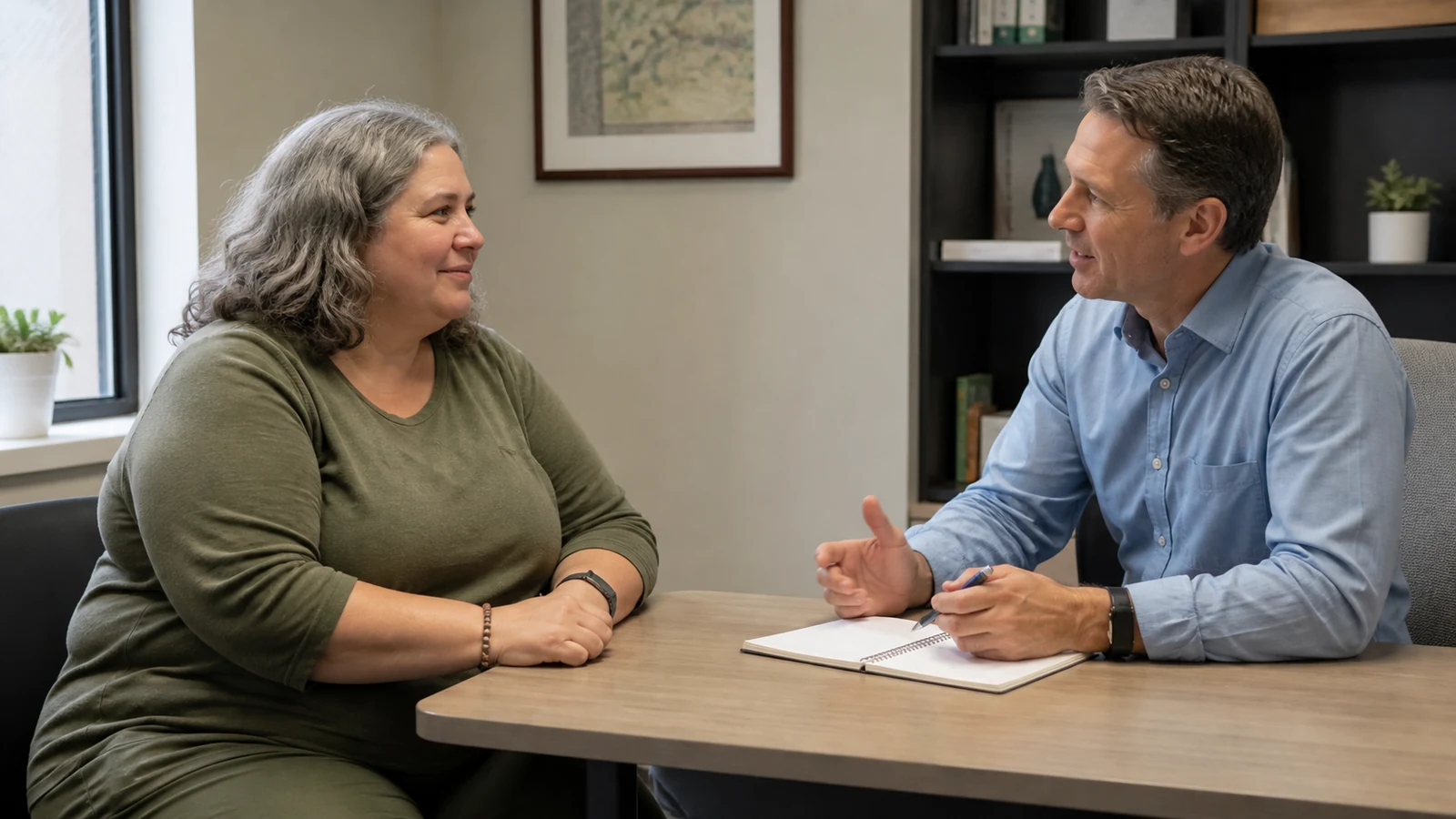 Adult discussing an exercise plan with a clinician, with an unmarked notebook open between them.