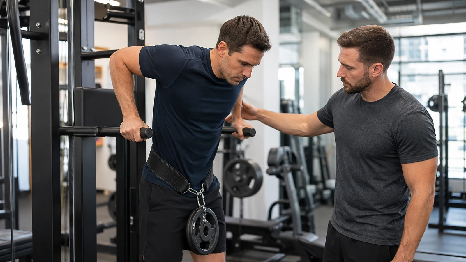 Recreational man performing a modest weighted dip while a coach watches his form