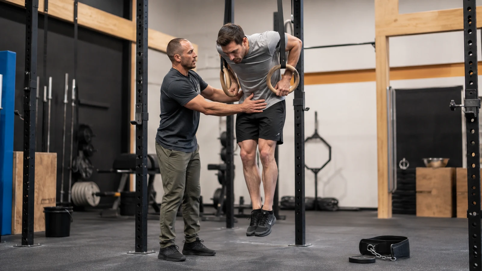 Recreational man practicing an unweighted ring muscle-up transition while a coach spots him