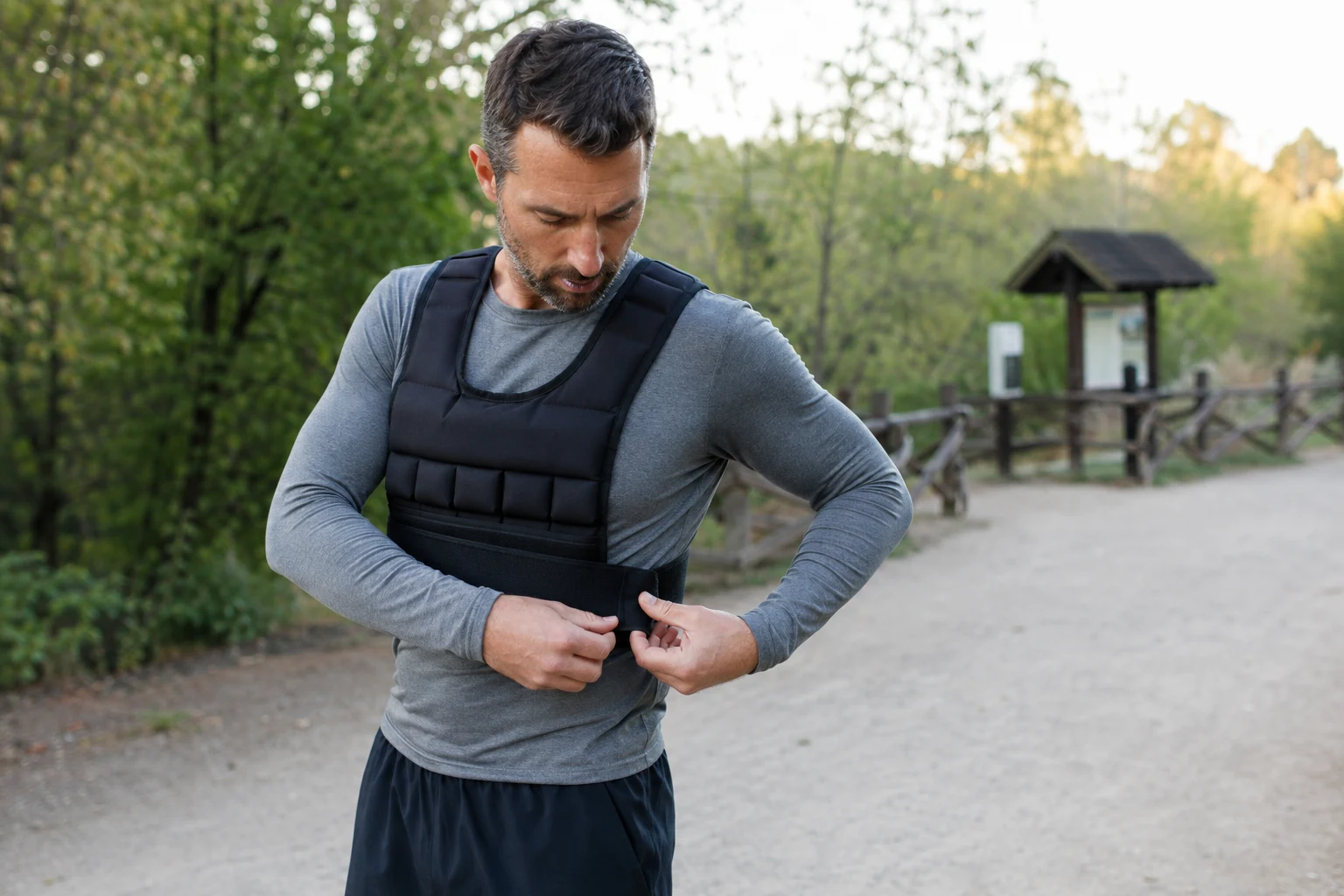 Runner tightens the side strap on a compact weighted vest at a park trailhead.